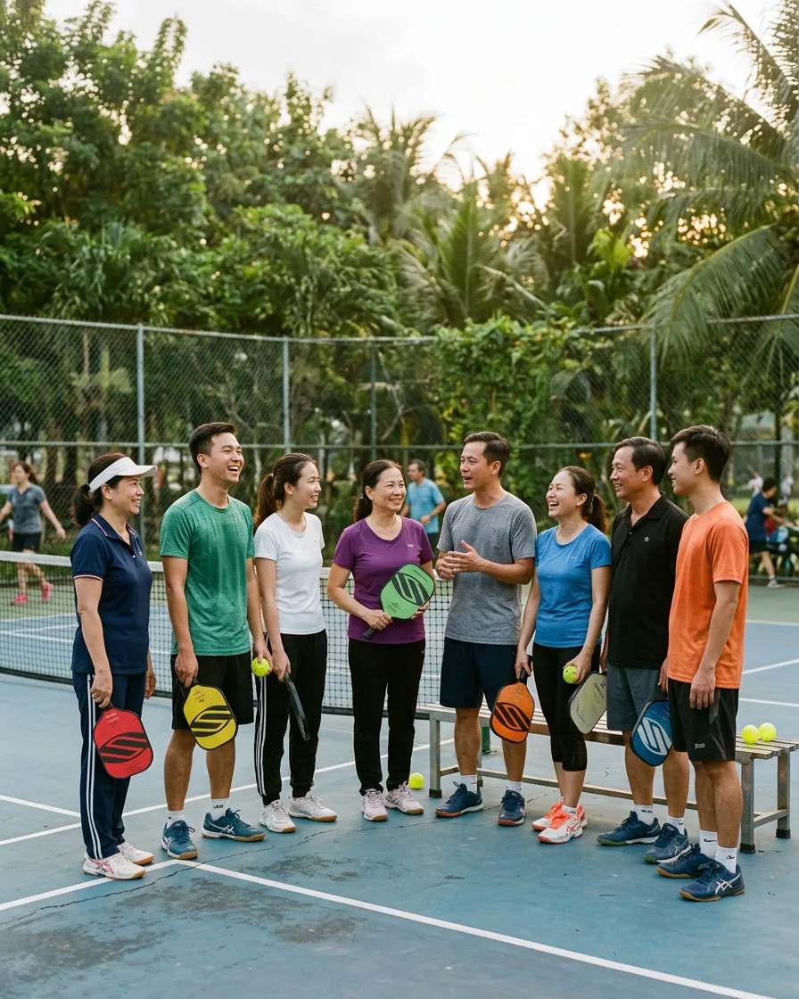 Pickleball club members chatting after a morning session
