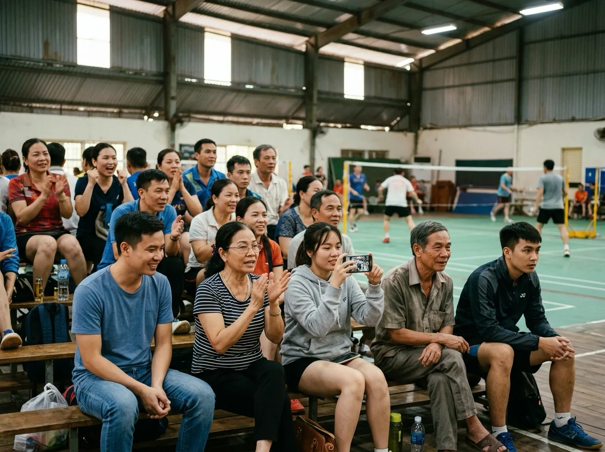 Spectators on the bleachers watching a badminton match