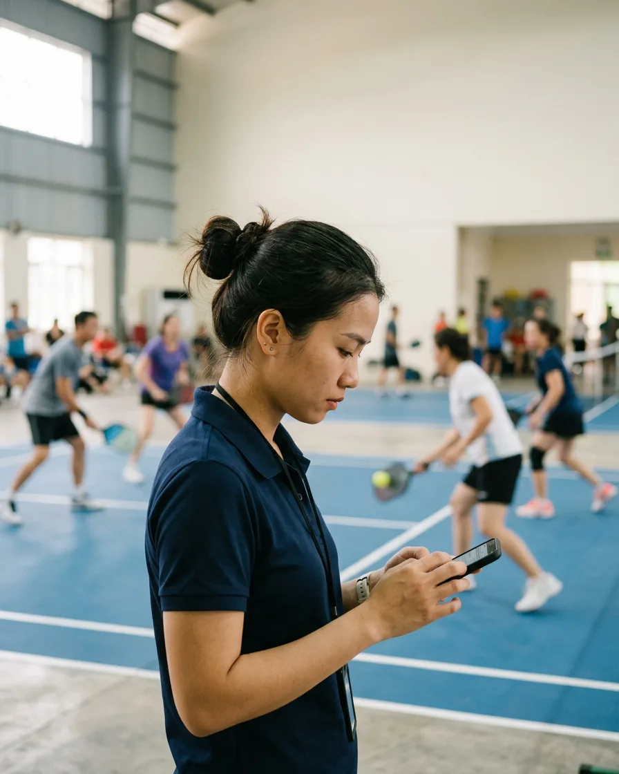 A referee entering a score on her phone beside a pickleball court