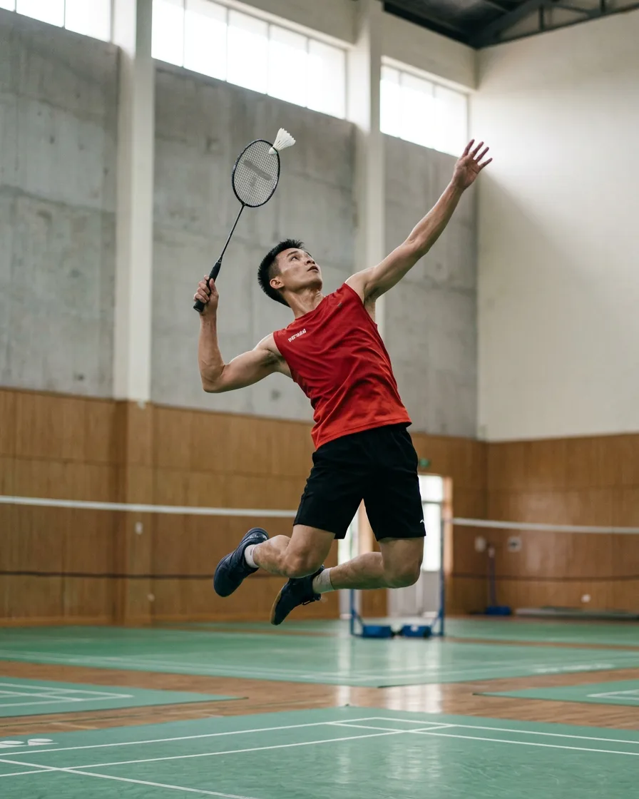 A badminton player leaping for a smash